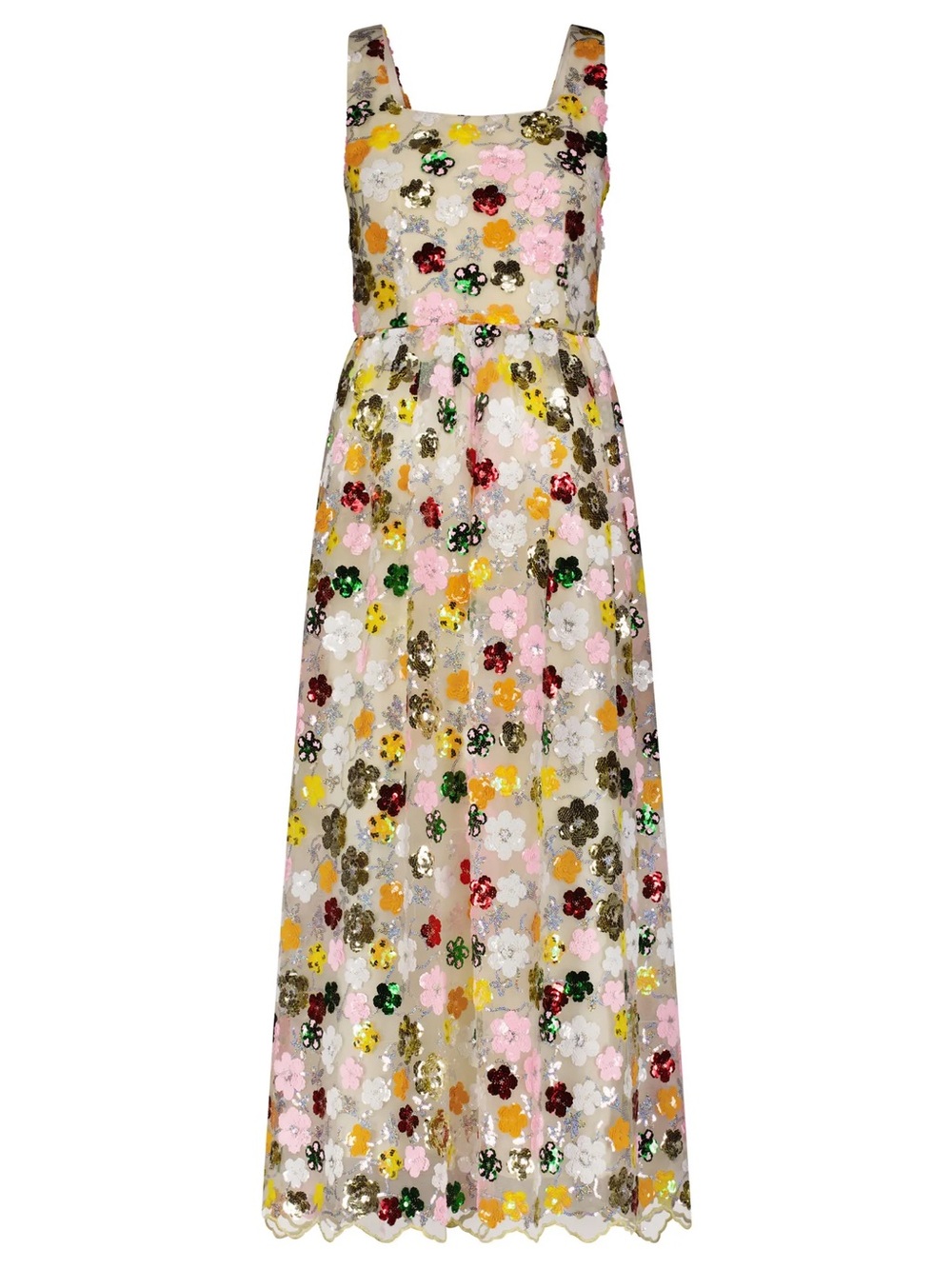 JessaKae Tinsel dress Ivory Maxi Dress with Multicolor Sequin Flowers NWT
